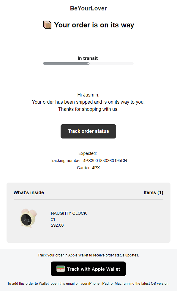 How will the shipping info be noticed via email? 1 image